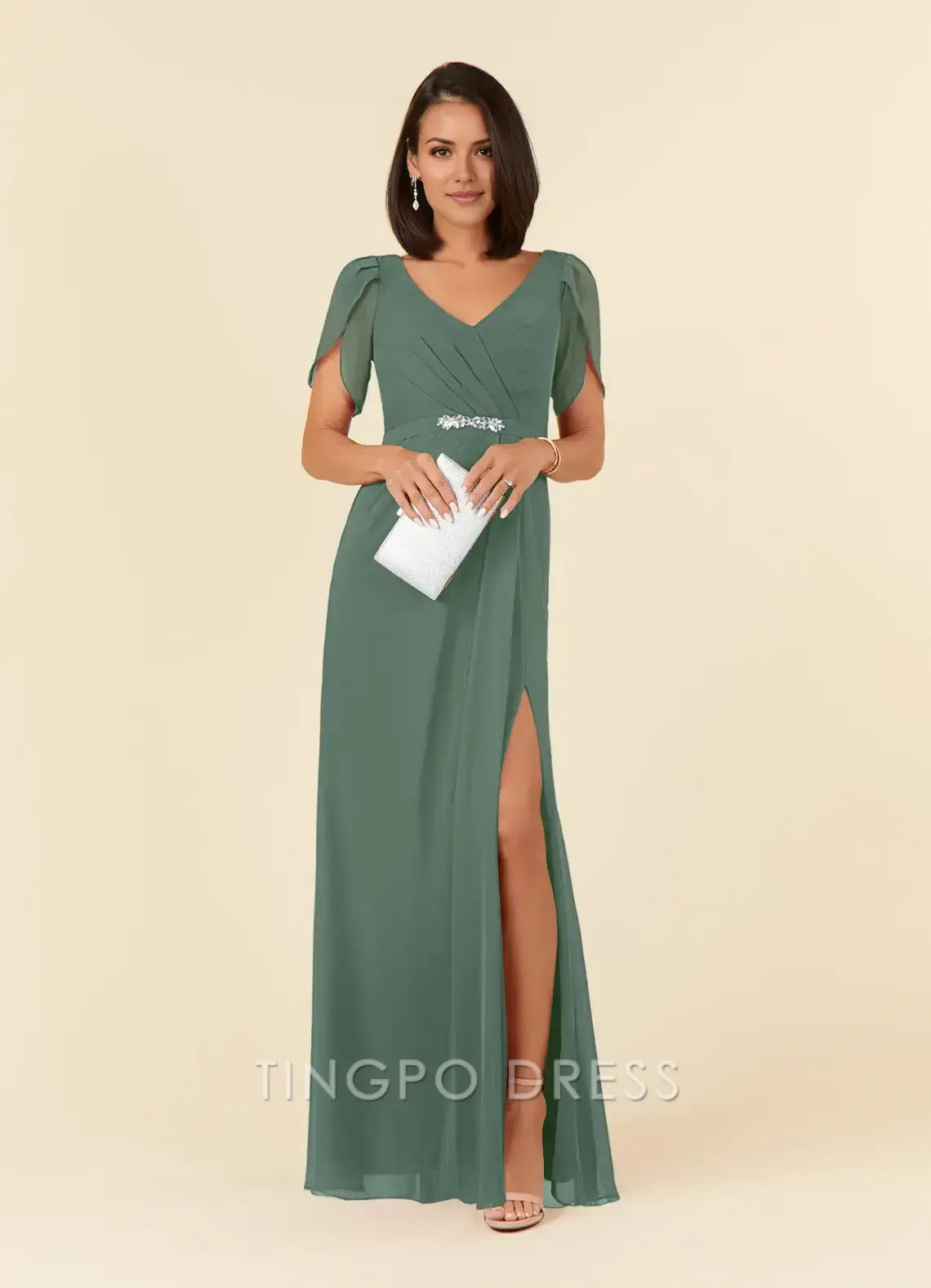 TingPo Wholesale Elegant V - Neck Chiffon Evening Gown with Sheer Flutter Sleeves Embellished Waist, and Side Slit: Ideal for Formal Occasions